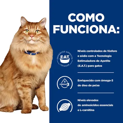 Como funciona: Níveis controlados de fósforo e sódio com Tecnologia Estimuladora de Apetite (E.A.T.) para gatos, enriquecido com ómega-3 de óleo de peixe e aminoácidos essenciais e L-carnitina.