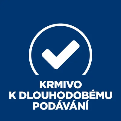 KRMIVO K DLOUHODOBÉMU PODÁVÁNÍ (text v češtine) s bielym zaškrtnutím v kruhu na modrom pozadí