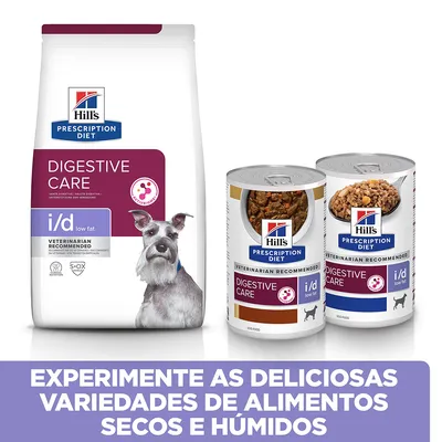 Hill's Prescription Diet Digestive Care i/d low fat para cães, embalagem de alimento seco e duas latas de alimento húmido. Texto: Experimente as deliciosas variedades de alimentos secos e húmidos.