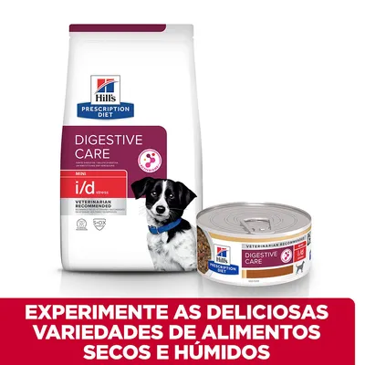 Hill's Prescription Diet Digestive Care MINI i/d stress para cães, embalagem de ração seca e lata de alimento húmido. Texto: Experimente as deliciosas variedades de alimentos secos e húmidos.