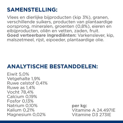 Samenstelling: vlees en dierlijke bijproducten (kip 3%), granen, suikers, plantaardige producten, mineralen, groenten (0,8%), eieren, oliën, zaden, fruit. Eiwit 5%, vet 1,9%, vocht 78,4%.