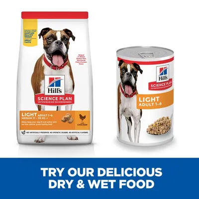 Hill's Science Plan Light Adult 1-6 dry food and wet food can with chicken, for medium dogs 11-25kg. Text: Try our delicious dry & wet food.