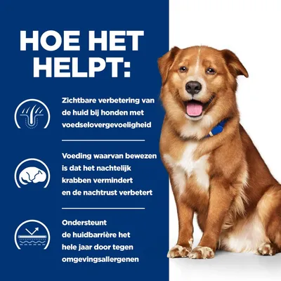 Hoe het helpt: zichtbare verbetering van de huid bij honden met voedselovergevoeligheid, vermindert nachtelijk krabben en ondersteunt de huidbarrière tegen omgevingsallergenen.