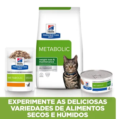 Hill's Prescription Diet Metabolic para gatos: embalagem de ração seca, saqueta e lata de alimento húmido. Texto: Experimente as deliciosas variedades de alimentos secos e húmidos.
