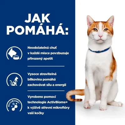 Text: Jak pomáhá: Neodolatelná chuť v každé misce povzbuzuje přirozený apetit. Vysoce stravitelná bílkovina pomáhá zachovávat sílu a energii. Vyrobeno pomocí technologie ActivBiome+ k výživě střevní mikroflóry vaší kočky.