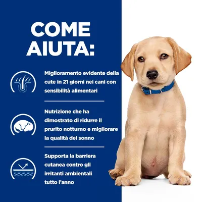 COME AIUTA: Miglioramento evidente della cute in 21 giorni nei cani con sensibilità alimentari. Riduce il prurito notturno e migliora la qualità del sonno. Supporta la barriera cutanea.