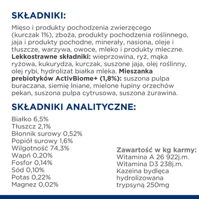 Składniki: mięso, produkty pochodzenia zwierzęcego i roślinnego, zboża, minerały, oleje. Składniki analityczne: białko 6,5 %, tłuszcz 2,1 %, wilgotność 74,3 %. Witaminy A, D3.