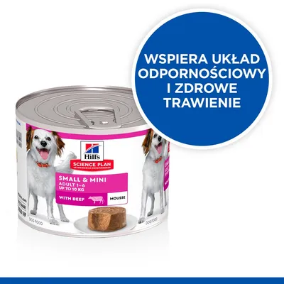 Hill's Science Plan Small & Mini Adult 1–6 Up to 10 kg with Beef Mousse. Wspiera układ odpornościowy i zdrowe trawienie.