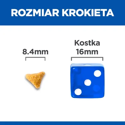 Porównanie rozmiaru krokieta 8,4 mm z niebieską kostką do gry 16 mm. Napis: Rozmiar krokieta, Kostka 16 mm.