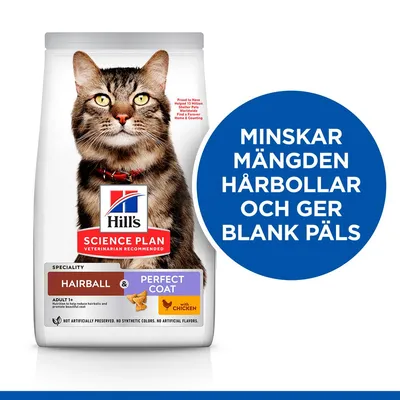 Hill's Science Plan Hairball & Perfect Coat Adult 1+ med kyckling. Text: Minskar mängden hårbollar och ger blank päls.
