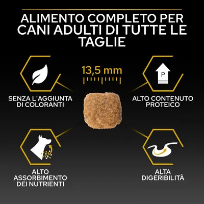 Alimento completo per cani adulti di tutte le taglie, crocchetta 13,5 mm. Senza l'aggiunta di coloranti, alto contenuto proteico, alto assorbimento dei nutrienti, alta digeribilità.