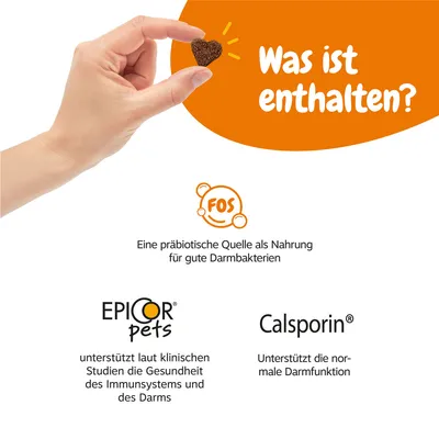 Besedilo v nemščini: Was ist enthalten? FOS – Eine präbiotische Quelle als Nahrung für gute Darmbakterien. EPICOR pets – unterstützt laut klinischen Studien die Gesundheit des Immunsystems und des Darms. Calsporin – Unterstützt die normale Darmfunktion.