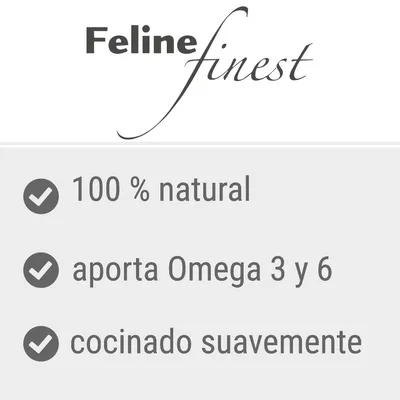 Feline finest. 100 % natural, aporta Omega 3 y 6, cocinado suavemente.