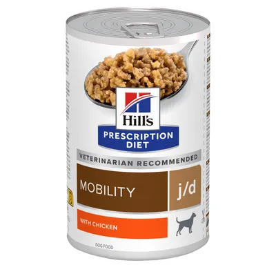 Hill's Prescription Diet Mobility j/d με κοτόπουλο, κονσέρβα σκυλοτροφής. Ετικέτα: VETERINARIAN RECOMMENDED, DOG FOOD, εικόνα τροφής και σκύλου.