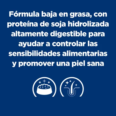 Fórmula baja en grasa, con proteína de soja hidrolizada altamente digestible para ayudar a controlar las sensibilidades alimentarias y promover una piel sana.