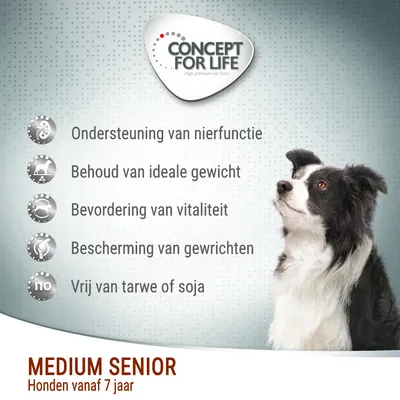 CONCEPT FOR LIFE. Ondersteuning van nierfunctie, behoud van ideale gewicht, bevordering van vitaliteit, bescherming van gewrichten, vrij van tarwe of soja. MEDIUM SENIOR Honden vanaf 7 jaar.