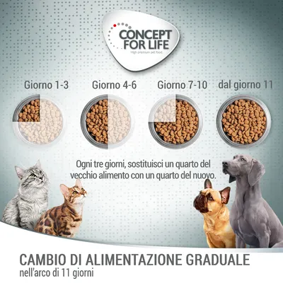 Concept for Life. Cambio di alimentazione graduale: Giorno 1–3, 4–6, 7–10, dal giorno 11. Ogni tre giorni sostituisci un quarto del vecchio alimento con uno nuovo in 11 giorni.