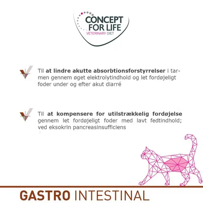 CONCEPT FOR LIFE VETERINARY DIET. Til at lindre akutte absorptionsforstyrrelser i tarmen og kompensere for utilstrækkelig fordøjelse. GASTRO INTESTINAL. Tekst på dansk.