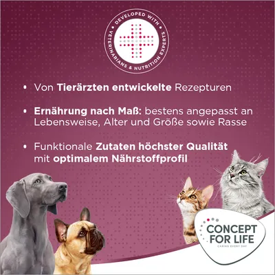 Von Tierärzten entwickelte Rezepturen. Ernährung nach Maß: angepasst an Lebensweise, Alter, Größe und Rasse. Funktionale Zutaten höchster Qualität mit optimalem Nährstoffprofil.