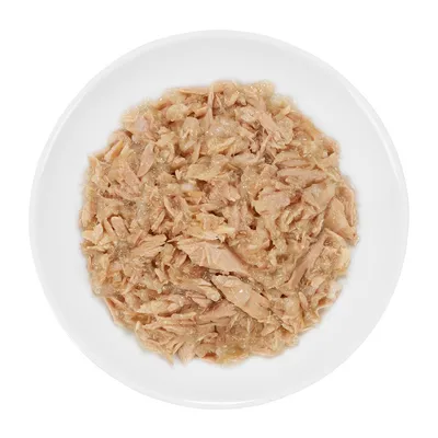 Снимка отблизо на нарязан тон в желе върху бяла чиния, подходящ за храна за животни.