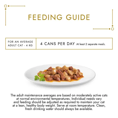 Feeding guide: for an average adult cat of 4 kg, feed 4 cans per day in at least 2 separate meals. Adjust as needed. Serve at room temperature with fresh water always available.