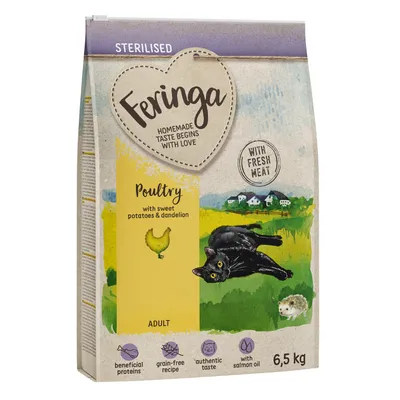 Feringa Sterilised Adult храна за котки, птиче месо със сладки картофи и глухарче, без зърнени храни, с прясно месо и масло от сьомга, 6,5 кг. За кастрирани котки.