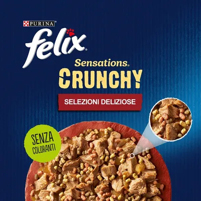 Purina Felix Sensations Crunchy Selezioni Deliziose, senza coloranti. Immagine di crocchette e bocconcini su piatto rosso con dettaglio ingrandito.