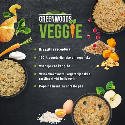 GREENWOODS VEGGIE. Brezžitna receptura, 100 % vegetarijansko ali vegansko, vsebuje vse kar piše, visokokakovostni vegetarijanski ali rastlinski viri beljakovin, popolna hrana za odrasle pse.