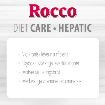 Rocco DIET CARE HEPATIC. Vid kronisk leverinsufficiens, skyddar livsviktiga leverfunktioner, motverkar näringsbrist, med viktiga vitaminer och mineraler.