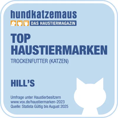 hundkatzemaus Das Haustiermagazin. Top Haustiermarken Trockenfutter (Katzen). Hill's. Umfrage unter Haustierbesitzern, Quelle: Statista gültig bis August 2025.