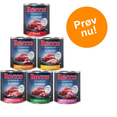 Rocco Classic dåsefoder: Pure beef, Beef with poultry hearts, Beef with chicken, Beef with turkey, Beef with duck, Beef with veal hearts. Orange cirkel med teksten 'Prøv nu!'.