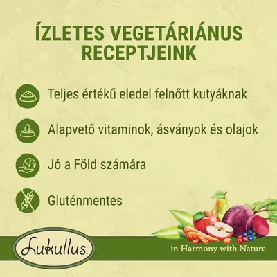 Ízletes vegetáriánus receptjeink: teljes értékű eledel felnőtt kutyáknak, alapvető vitaminok, ásványok és olajok, jó a Föld számára, gluténmentes. Lukullus.