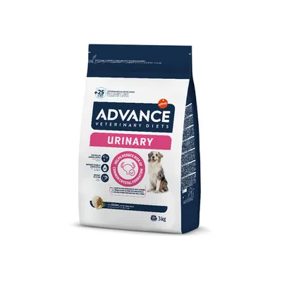 ADVANCE Veterinary Diets URINARY dry dog food, 3kg bag. Visible text: 'Helps reduce risk of common crystal formation'. Image shows a small dog and chicken icon on packaging.