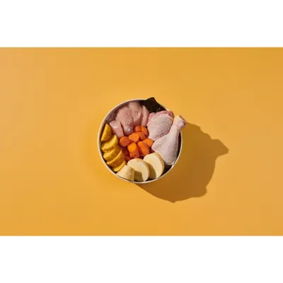 Bowl containing raw chicken pieces, chicken drumstick, sliced carrots, yellow squash, banana and a piece of seaweed, showing visible ingredients for pet food.