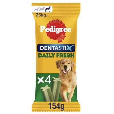 Pedigree Dentastix Daily Fresh, 4 sticks for dogs over 25kg, 154g pack. Image shows product packaging with a dog and green dental chews.