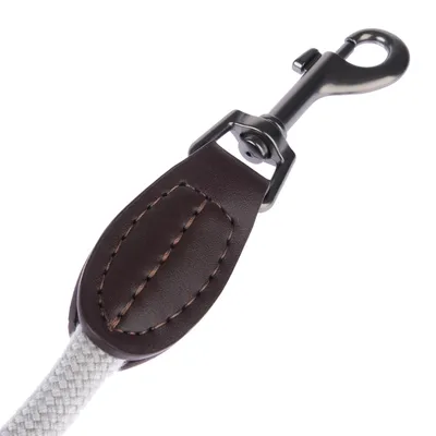 Close-up view of a dog lead with brown leather handle, white rope and black metal carabiner hook.