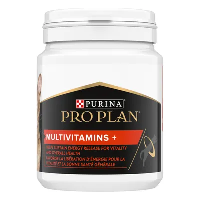 Purina Pro Plan Multivitamins+ container, label shows: helps sustain energy release for vitality and overall health. Text also in French. White plastic tub with black and red label.