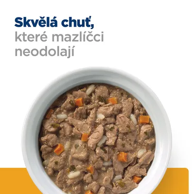 Miska s kúskami mäsového krmiva, viditeľné kúsky mäsa, mrkvy a ryže. Text v češtine: Skvělá chuť, které mazlíčci neodolají.