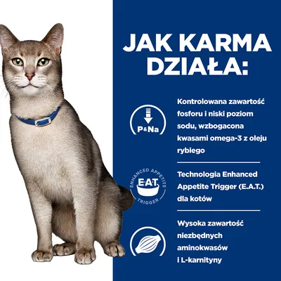 Jak karma działa: kontrolowana zawartość fosforu i niski poziom sodu, omega-3 z oleju rybiego, technologia E.A.T. dla kotów, wysoka zawartość aminokwasów i L-karnityny.