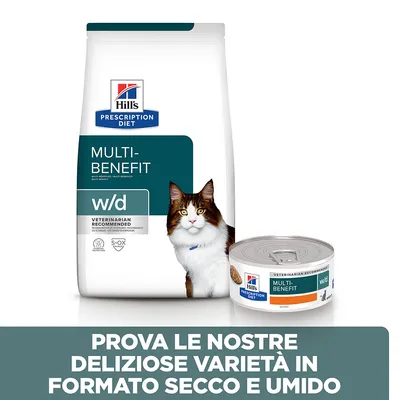 Hill's Prescription Diet Multi-Benefit w/d per gatti, confezione secca e umida. Testo: Prova le nostre deliziose varietà in formato secco e umido.