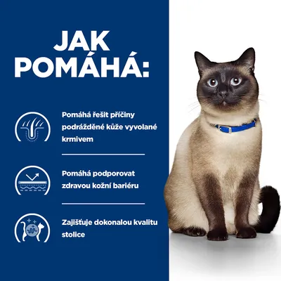 Jak pomáhá: Pomáhá řešit příčiny podrážděné kůže vyvolané krmivem, podporuje zdravou kožní bariéru, zajišťuje dokonalou kvalitu stolice. Sedící kočka s modrým obojkem.