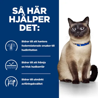 Så här hjälper det: Bidrar till att hantera foderrelaterade orsaker till hudirritation, främja en frisk hudbarriär och utmärkt avföringskvalitet. Bild på katt med blått halsband.