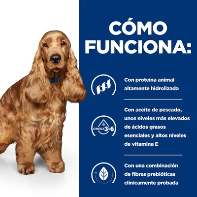 Texto: Cómo funciona. Con proteína animal altamente hidrolizada, aceite de pescado con ácidos grasos esenciales y vitamina E, combinación de fibras prebióticas clínicamente probada.