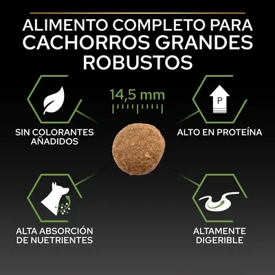 Alimento completo para cachorros grandes robustos, croqueta de 14,5 mm. Sin colorantes añadidos, alto en proteína, alta absorción de nutrientes, altamente digerible.