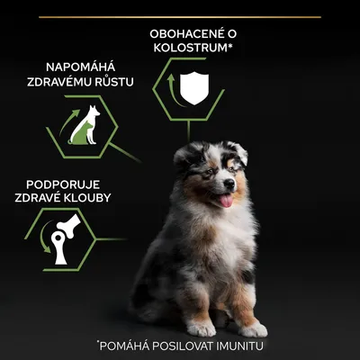 Obohacené o kolostrum, napomáhá zdravému růstu, podporuje zdravé klouby. *Pomáhá posilovat imunitu. Text v češtine. Šteniatko sediace na čiernom pozadí.