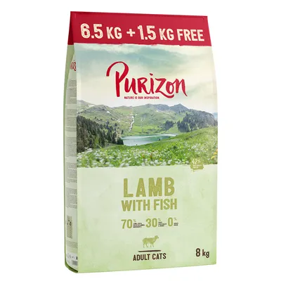 Purizon Lamb with Fish para gatos adultos, 8 kg. Oferta: 6,5 kg + 1,5 kg gratis. 70 % ingredientes animales, 30 % vegetales, 0 % cereales. Texto en inglés.