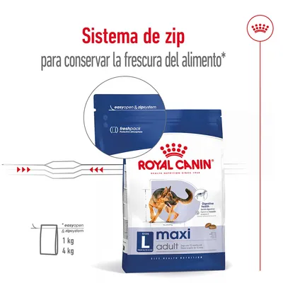Royal Canin maxi adult con sistema de zip easyopen & zipsystem para conservar la frescura. Envase freshpack, tamaños 1 kg y 4 kg visibles en la imagen.