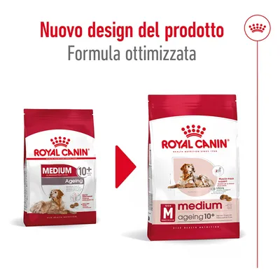 Royal Canin Medium Ageing 10+ nuovo design del prodotto, formula ottimizzata. Confezioni visibili con cane e dettagli su supporto massa muscolare e ingredienti vitalità.