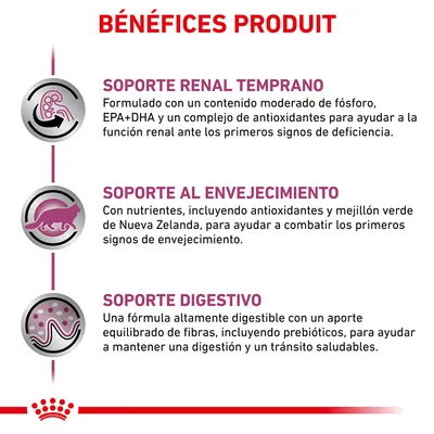 Texto en francés: BÉNÉFICES PRODUIT. Soporte renal temprano, soporte al envejecimiento y soporte digestivo con descripciones detalladas de cada beneficio en español.