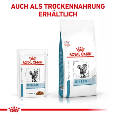 Royal Canin Veterinary Skin & Coat Katzenfutter, erhältlich als Nass- und Trockenfutter. Verpackungen mit Katze und Produktnamen sichtbar.